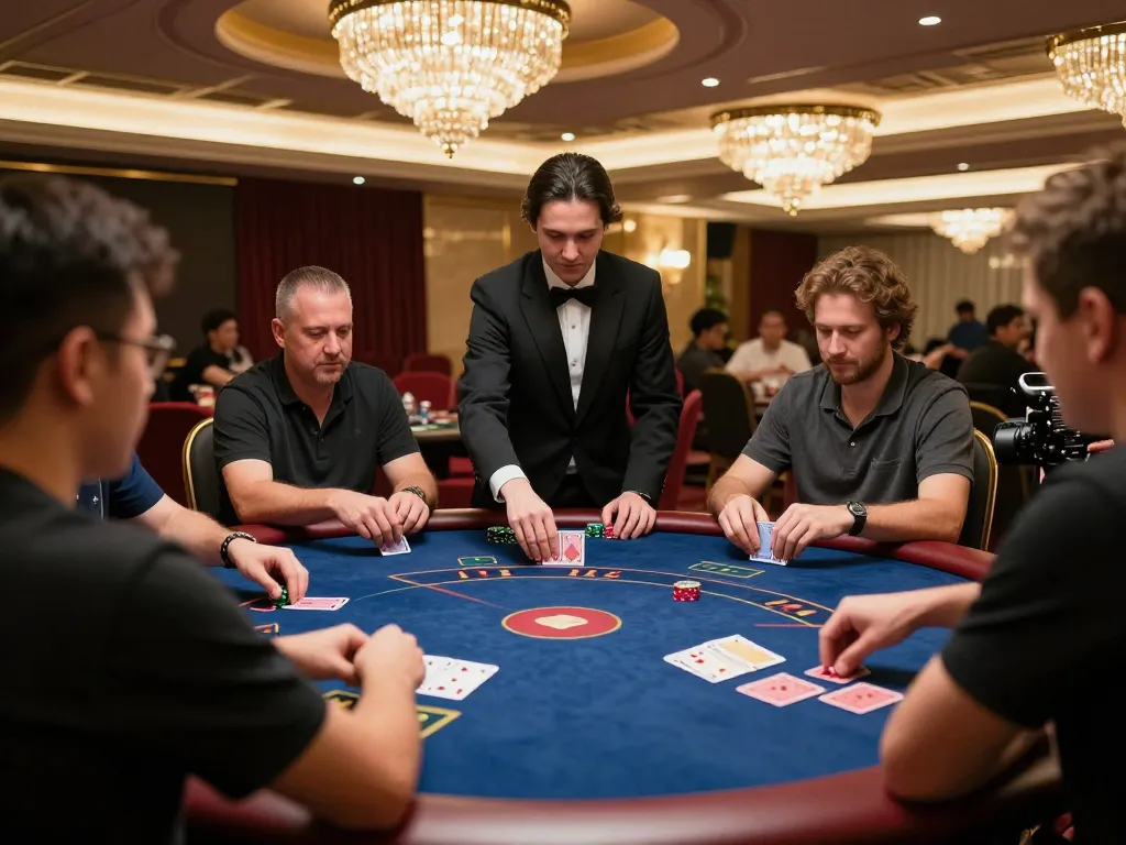 Players strategizing at a high-stakes poker table in MB66, showcasing an exciting casino atmosphere