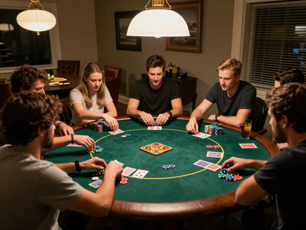 Engaging poker game scene showcasing RR99 GAME with friends competing around a round table.