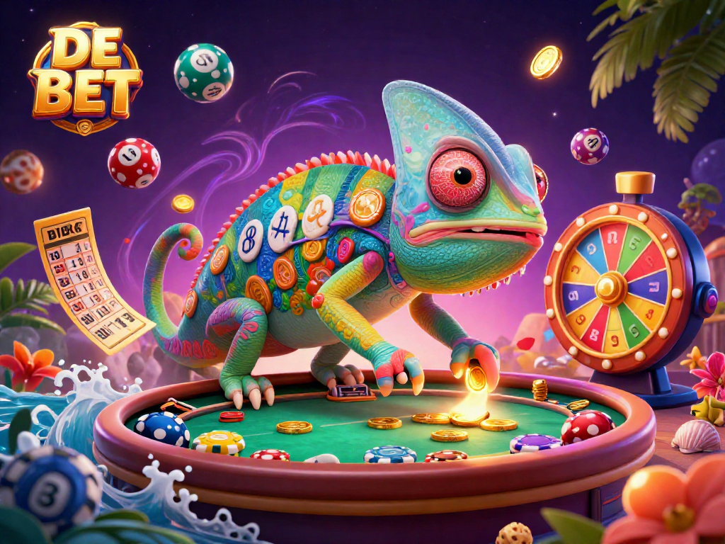 Engage in DE BET at an exciting casino scene with a vibrant chameleon owner and dynamic game elements.