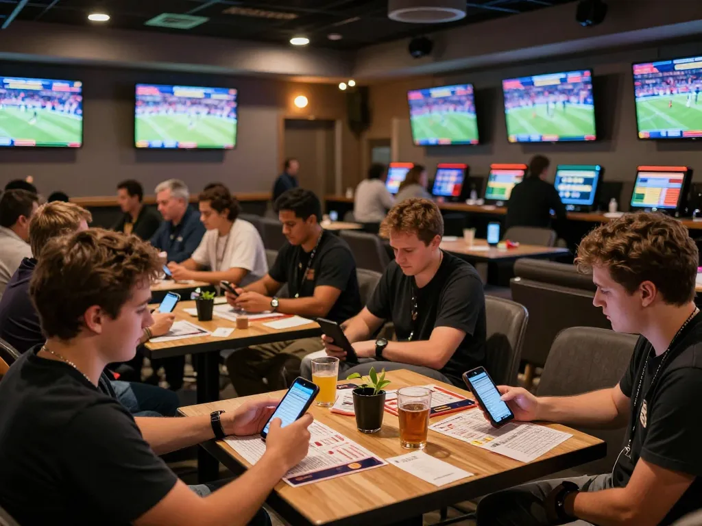 Active patrons engaging with sin88 sports betting app in a vibrant lounge setting