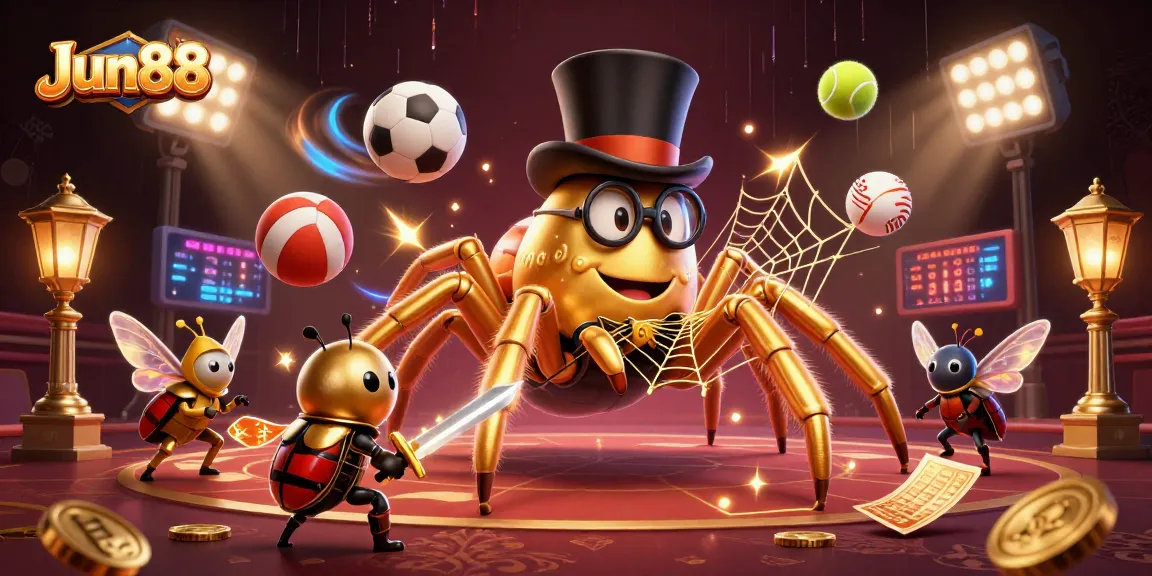 Engage with Jun88 by observing a brave beetle knight approach a golden tarantula in a vibrant casino ambience.