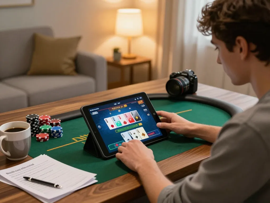 Player enjoying a live poker game at home on uu88 tablet, showcasing engaging gameplay and strategic thinking.