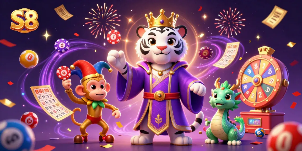 S8 Casino's vibrant scene showcasing a royal tiger, jester monkey, and jade dragon amid celebratory elements.