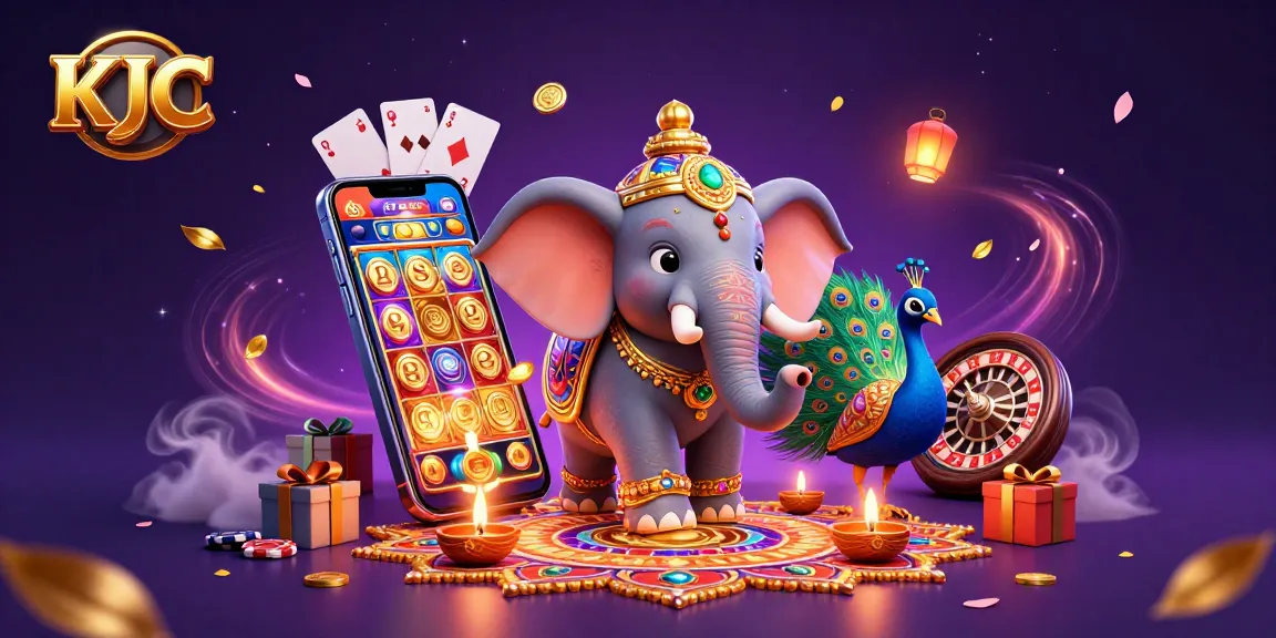 KJC players spinning slots with colorful 3D elements and festive characters in a vibrant casino scene.