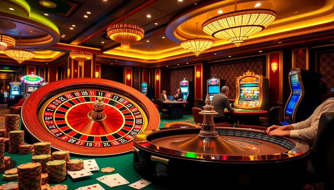 Players enjoying a thrilling game environment at MM88 casino, surrounded by vibrant roulette wheels and poker chips.