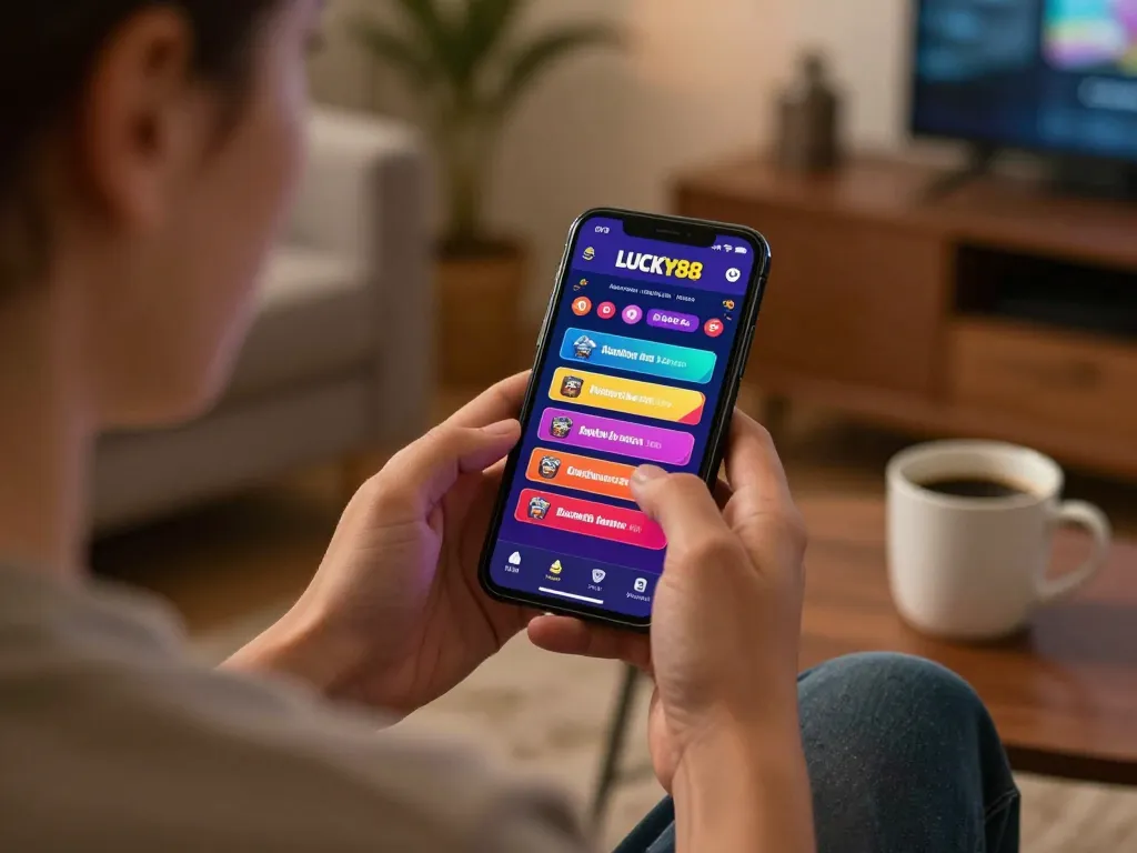 Engaged user playing LUCKY88 on mobile app in a cozy home environment, showcasing responsible gambling.