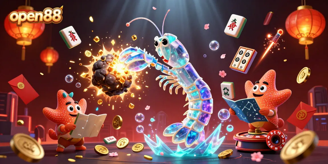 Experience the excitement of open88 with a vibrant illustration featuring a galactic samurai shrimp amidst golden casino elements.