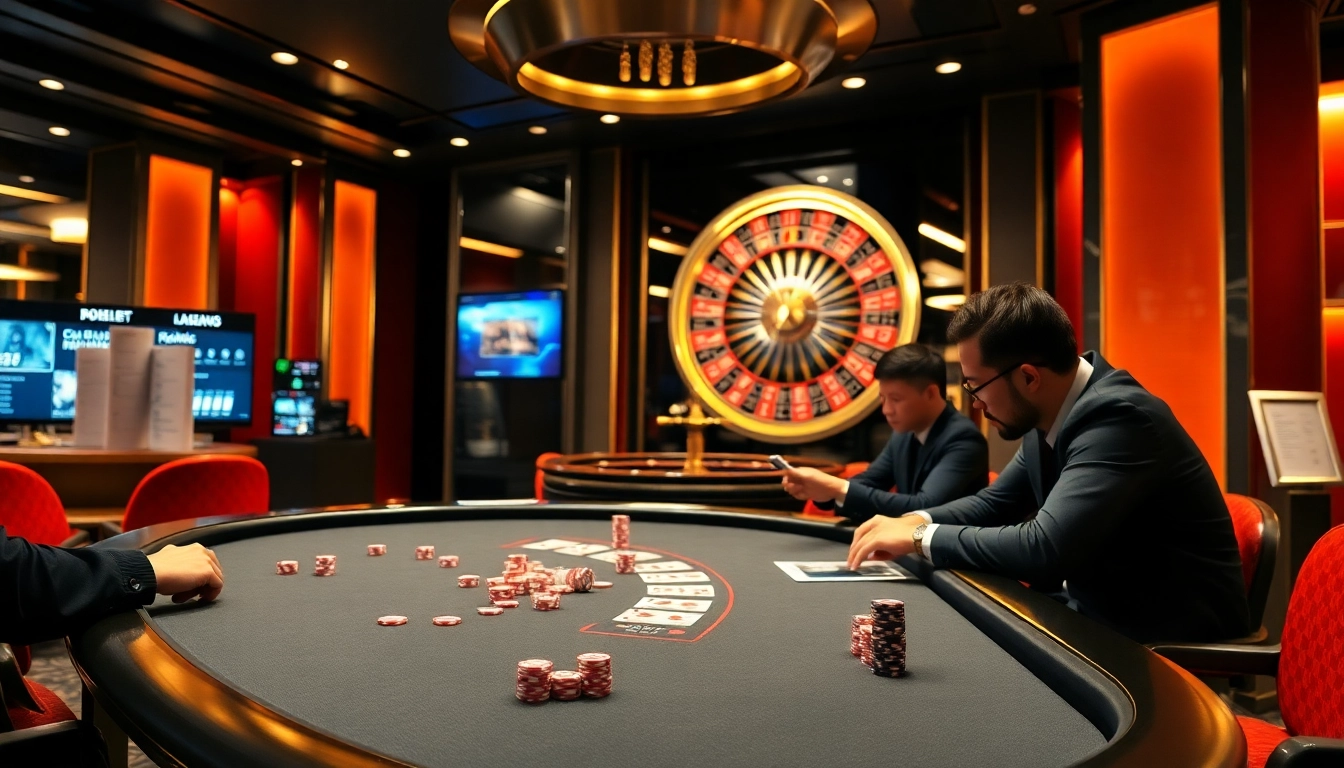 Experience the thrill of Nhà Cái SC88 uy tín with a luxurious casino setting featuring modern tables and vibrant poker chips.