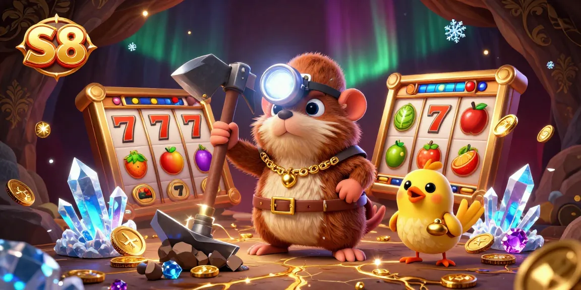 Engage in thrilling S8 slot games with vibrant reels and golden treasures in this dynamic illustration.