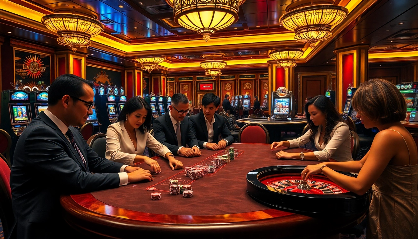 Players enjoying a thrilling poker game at the elegant casino venue https://vn789.xyz/ surrounded by vibrant gaming elements.