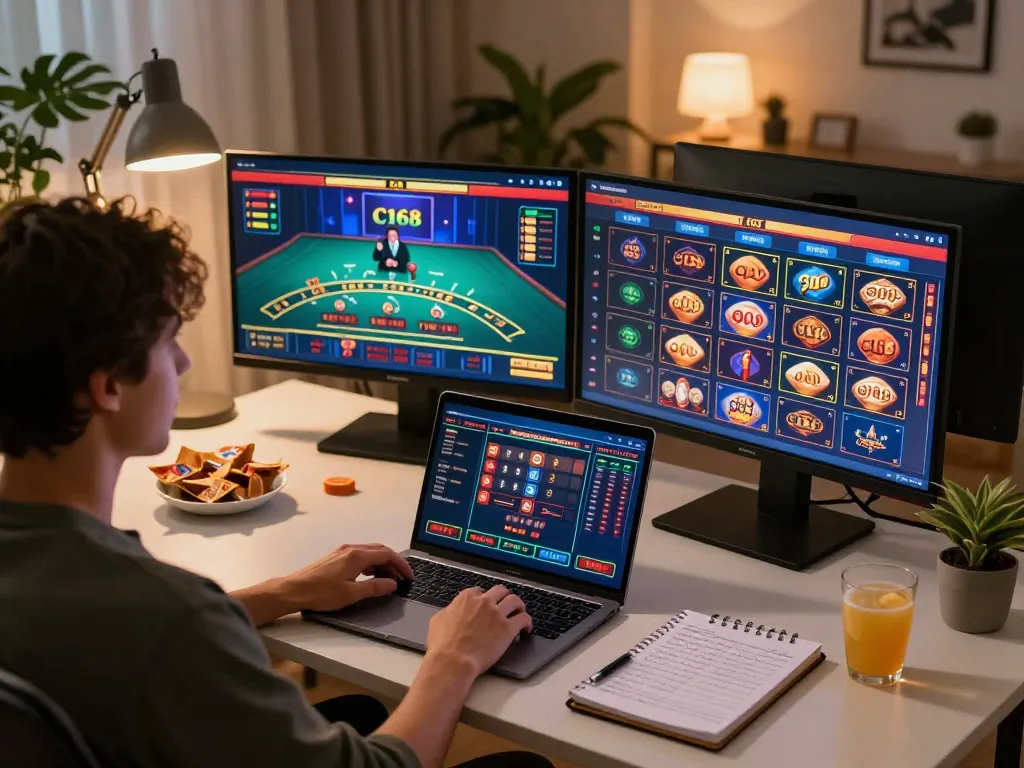 C168 online gaming setup with live dealer blackjack and slot games displayed on screens