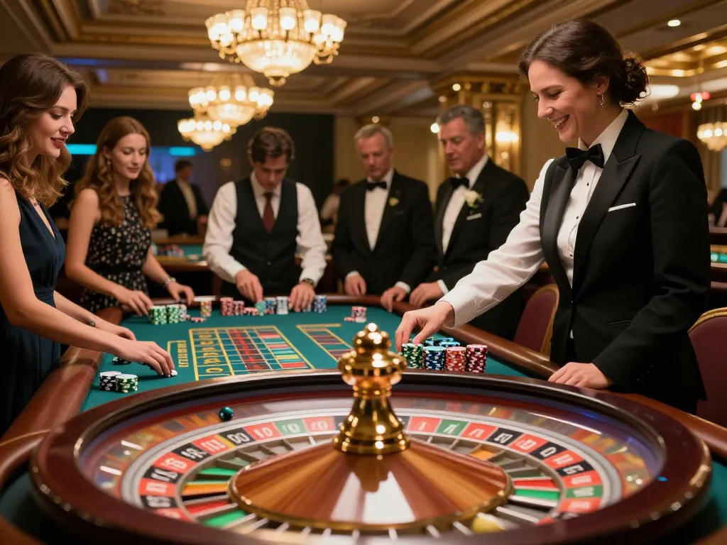 Players engaging eagerly at the roulette table as FC88 chips are placed, creating an exciting casino atmosphere