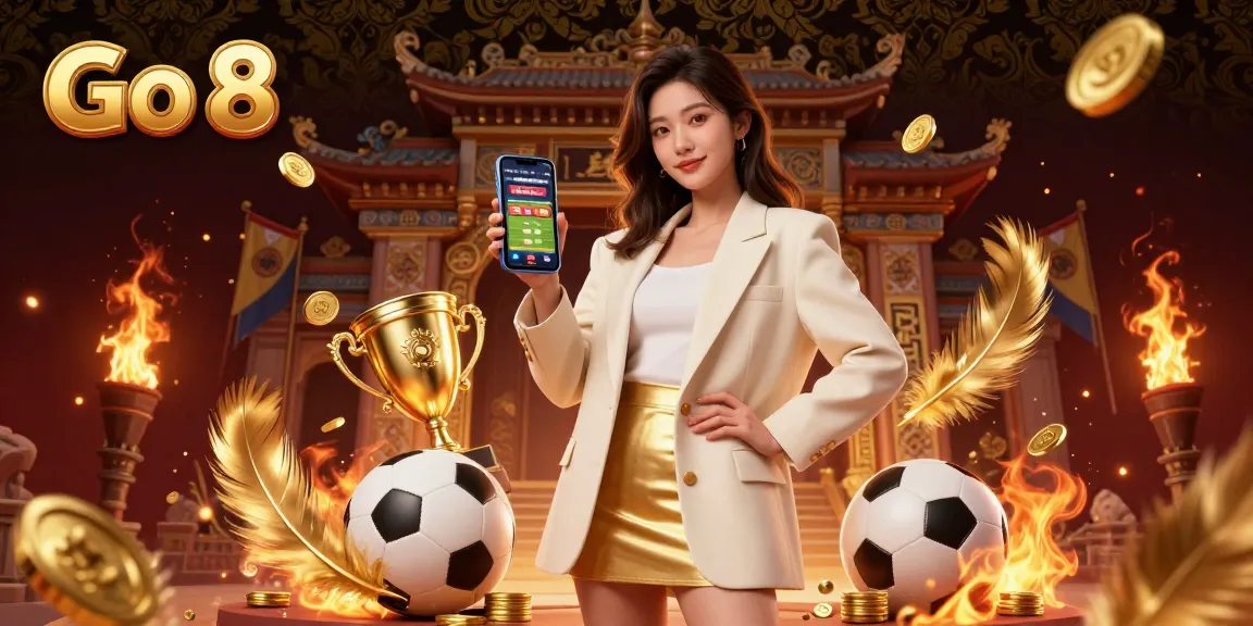 Experience Go 8's thrilling atmosphere with a beautiful Asian woman showcasing a sports betting app amidst a lively casino scene.