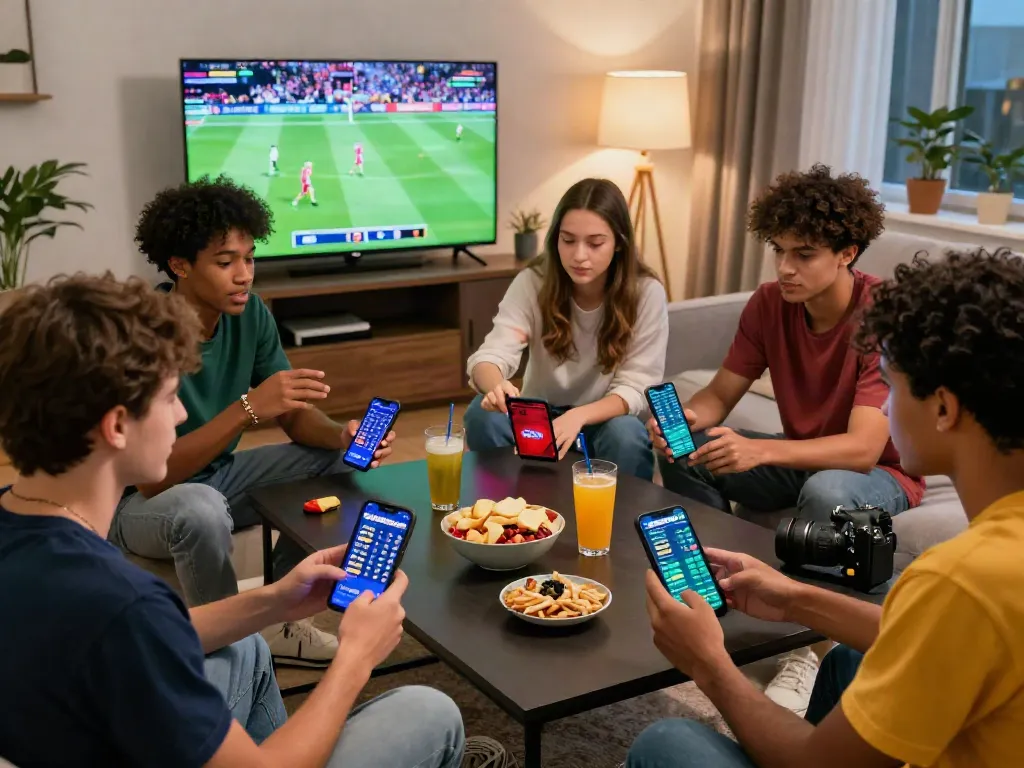 Friends enjoying sports betting experience at home via https://zbet.cymru/ with vibrant decor and live sports.