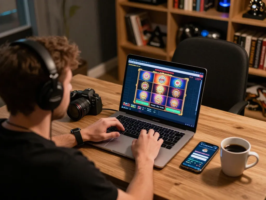 Engaged gamer using TT88 betting app and laptop for online slot gaming
