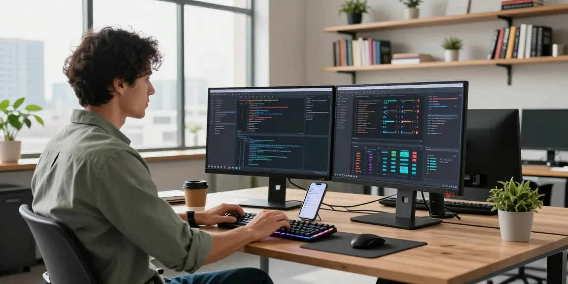 Software developer at a modern workspace showcasing c88nano.com coding tools and dynamic office environment.