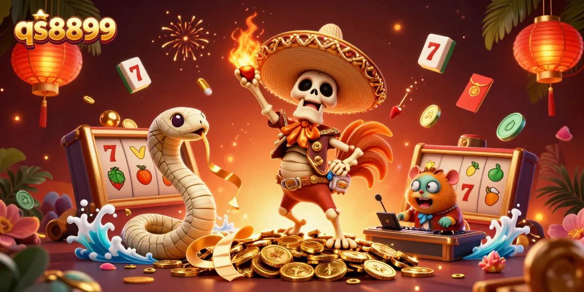 Join the excitement at qs8899 where a lively mariachi rooster celebrates amidst slot reels and gold!