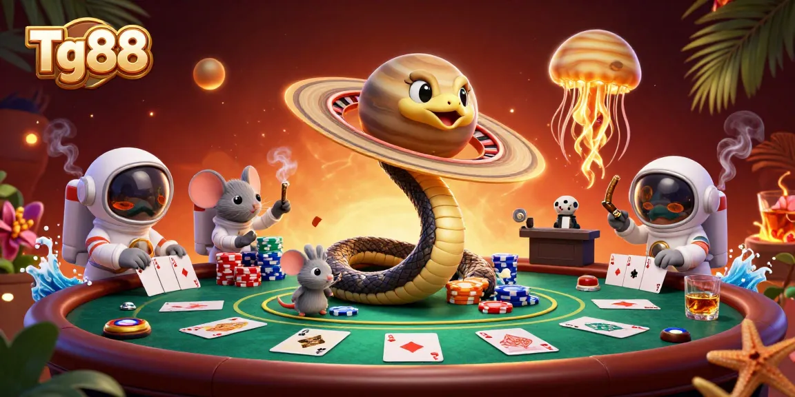 Tg88 offers a vibrant cosmic gaming scene with cartoon snake, astronaut mice, and golden jellyfish dealer.