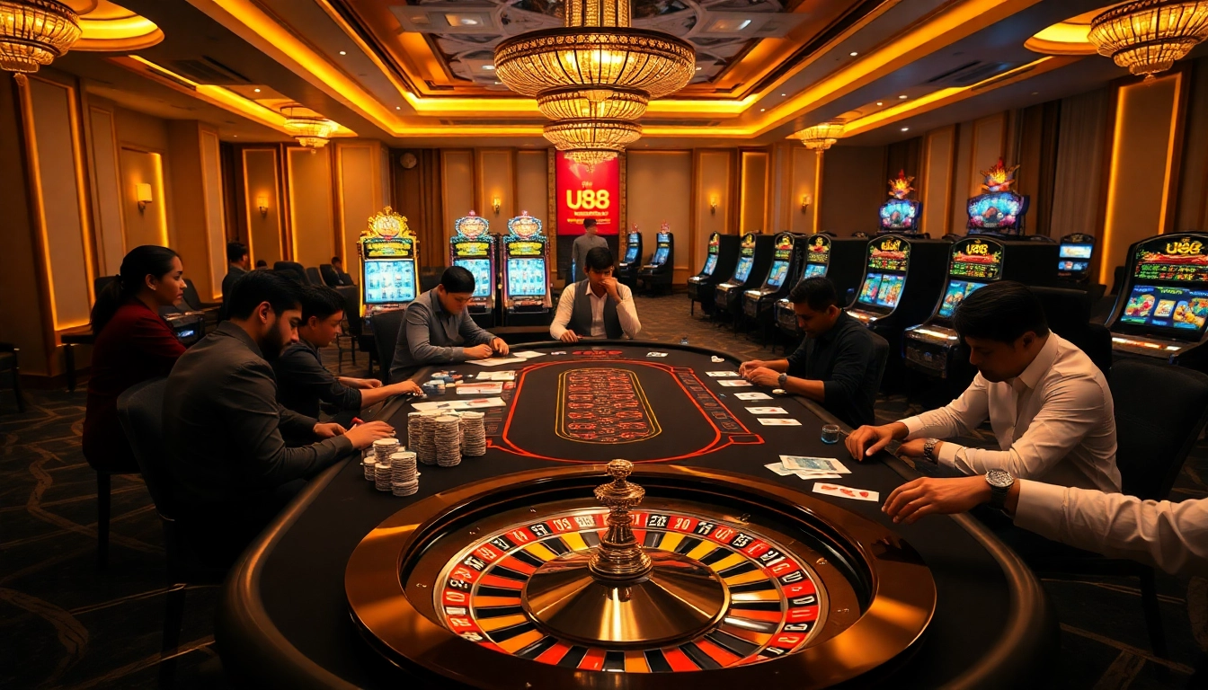 U88 players engaging at a high-stakes casino table, showcasing excitement and professional gambling.