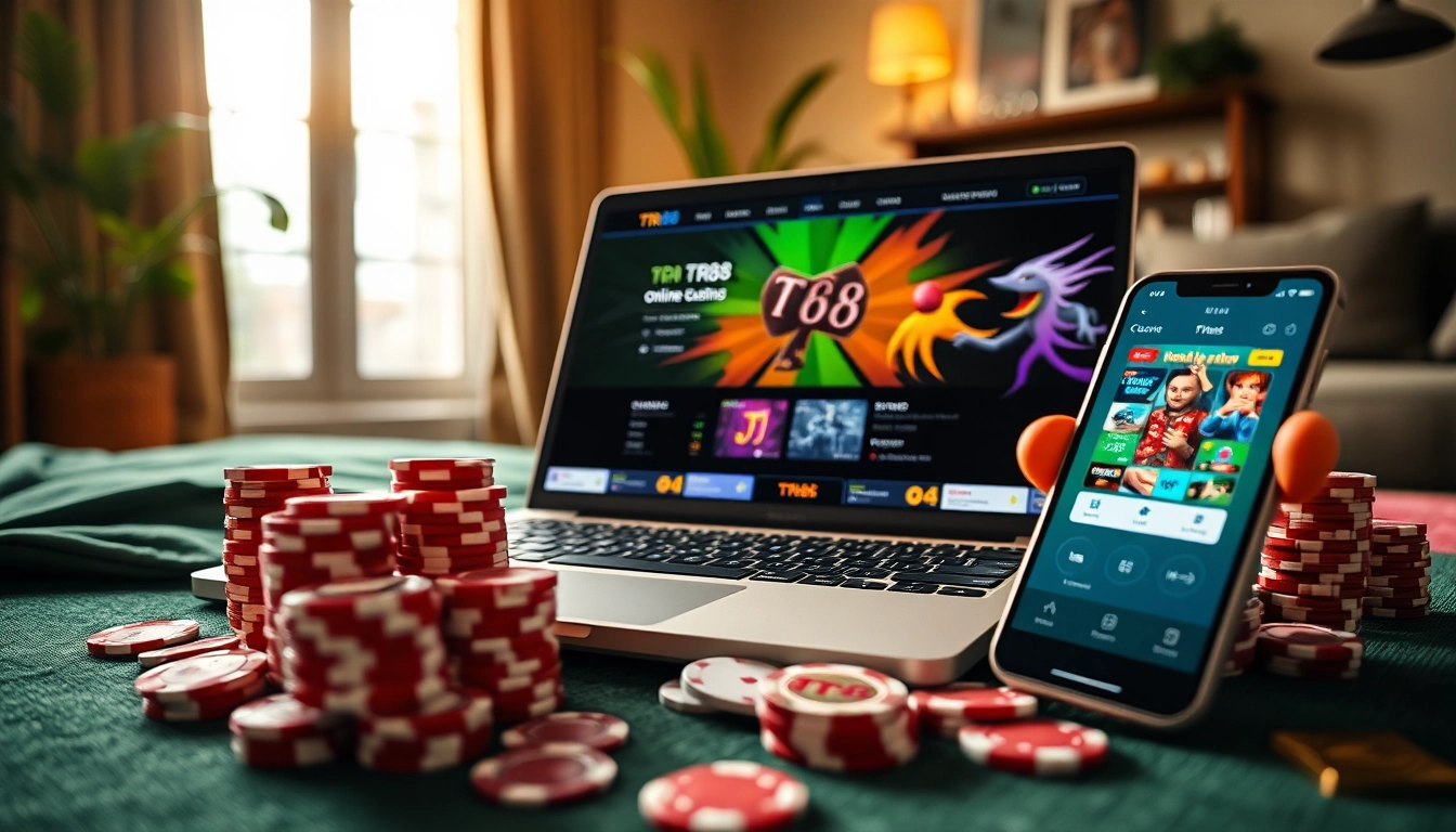 Engaging TR88 online betting platform with poker chips and smartphone in a cozy home setting.
