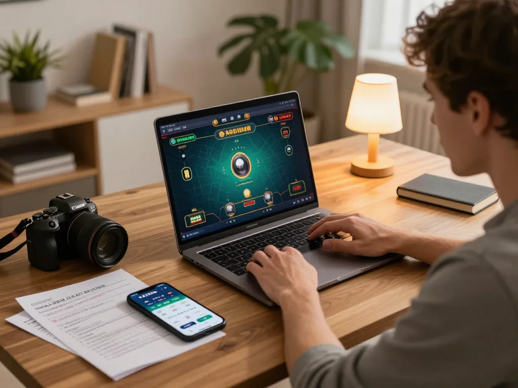 Player enjoying a live dealer game on FABET website, showcasing strategic gambling setup at home.