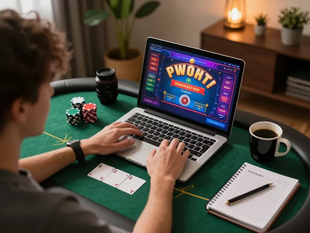 Player engaging with W188 casino via laptop, showcasing online poker action and strategy.