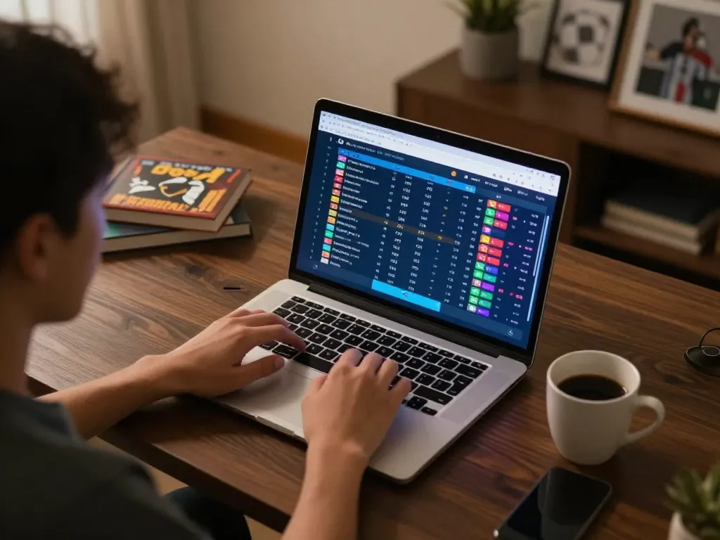 Engaging in kèo bóng đá from a cozy home office, a person actively bets online with a laptop