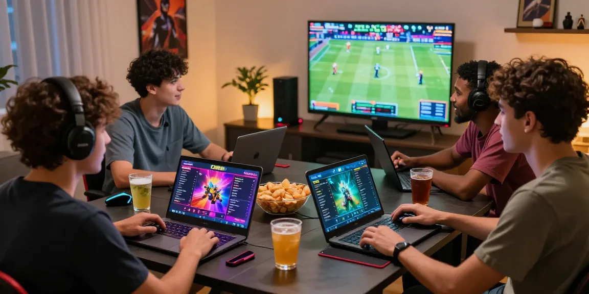 Friends enjoying online gaming session on the CM88 platform in a vibrant home setting.