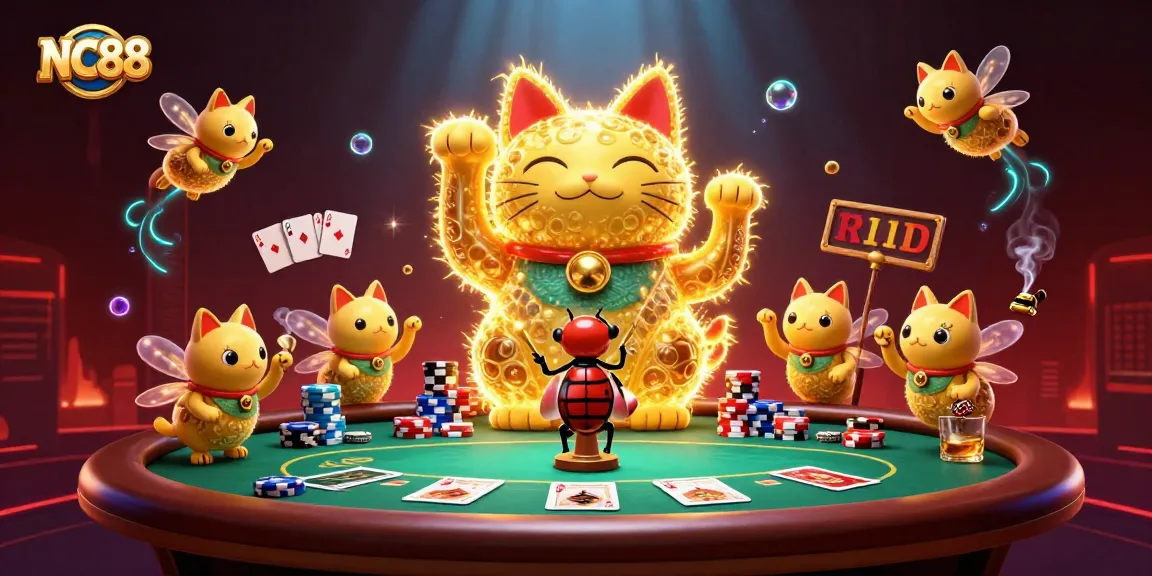Engage with NC88's vibrant casino world featuring a giant lucky cat made of fireflies.