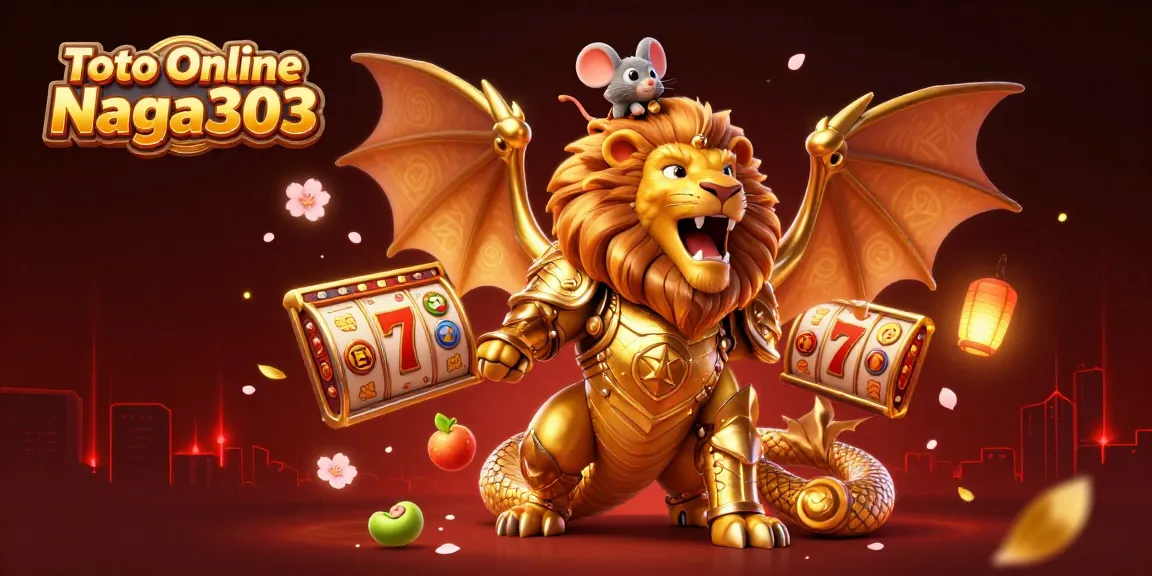 Toto Online Naga303 showcases thrilling slot gameplay with a roaring chimera and vibrant game symbols.