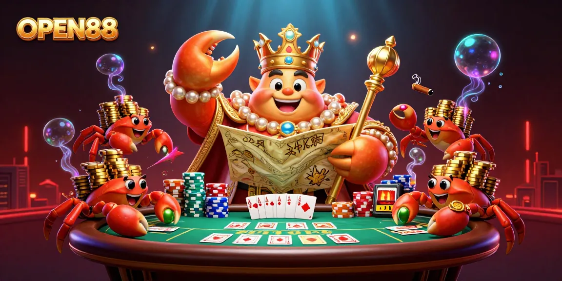 Experience the excitement of OPEN88's vibrant casino scene with a golden crab emperor and poker action.