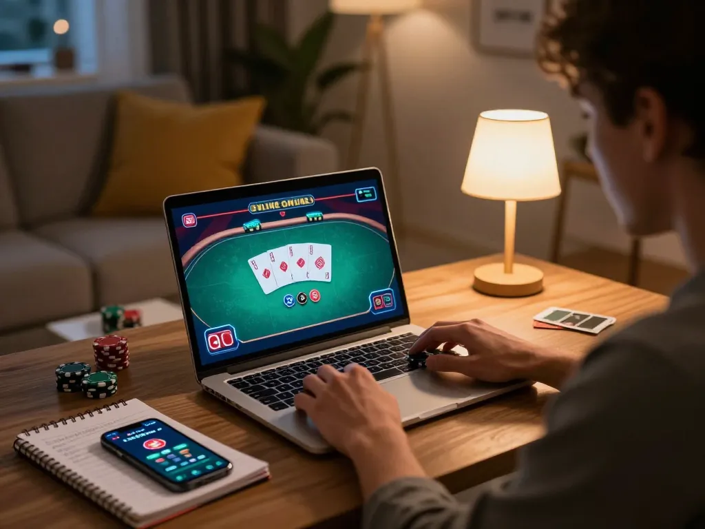 Freecuci365 player engaging in online poker gameplay with strategy notes nearby in a cozy setting.