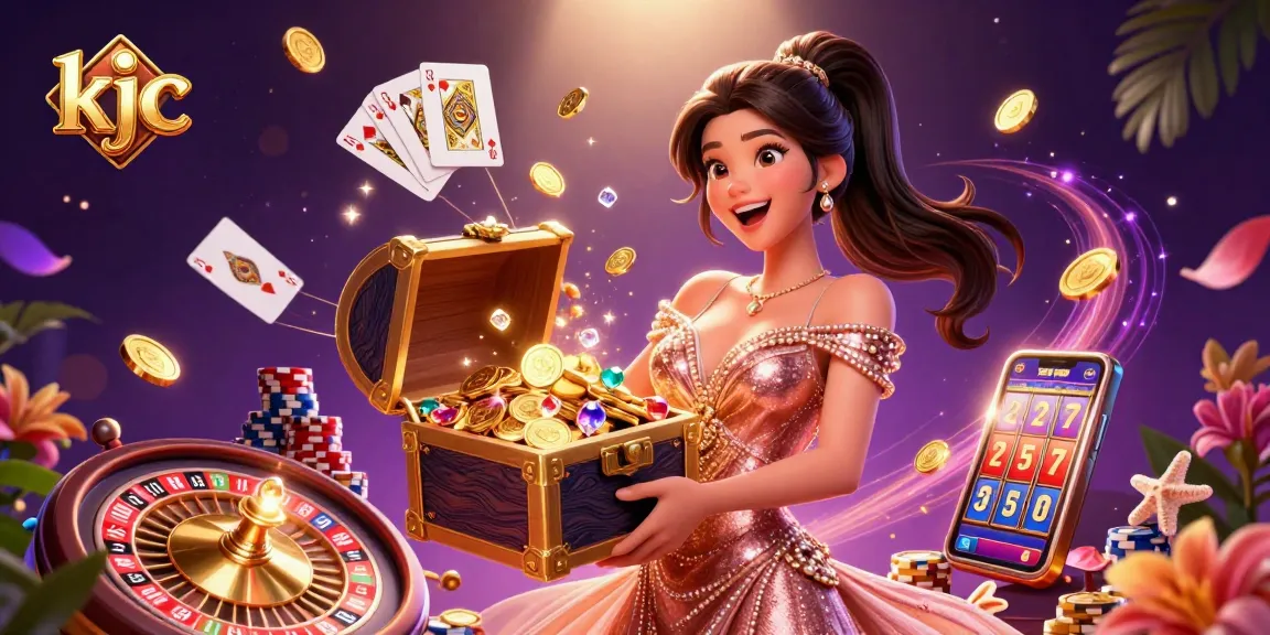 KJC showcases a stunning Asian woman celebrating a treasure win with gold coins and gems in a vibrant casino scene.