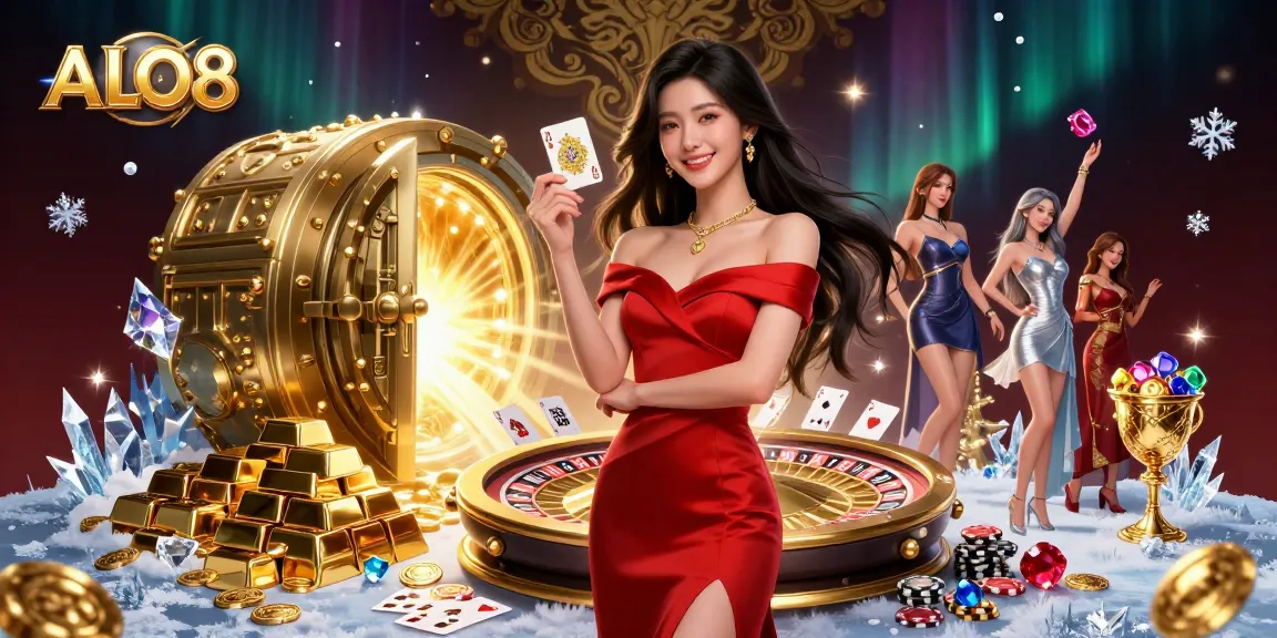 Experience the thrill of ALO8 with a stunning Asian dealer and golden casino elements.