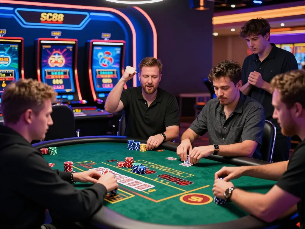 Exciting gaming atmosphere at SC88 casino with players engaged in blackjack and vibrant screens.