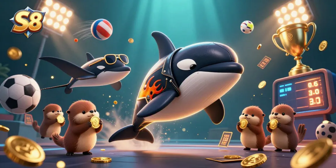 S8 platform presents a dynamic casino scene with an orca in a biker jacket and otters celebrating wins.
