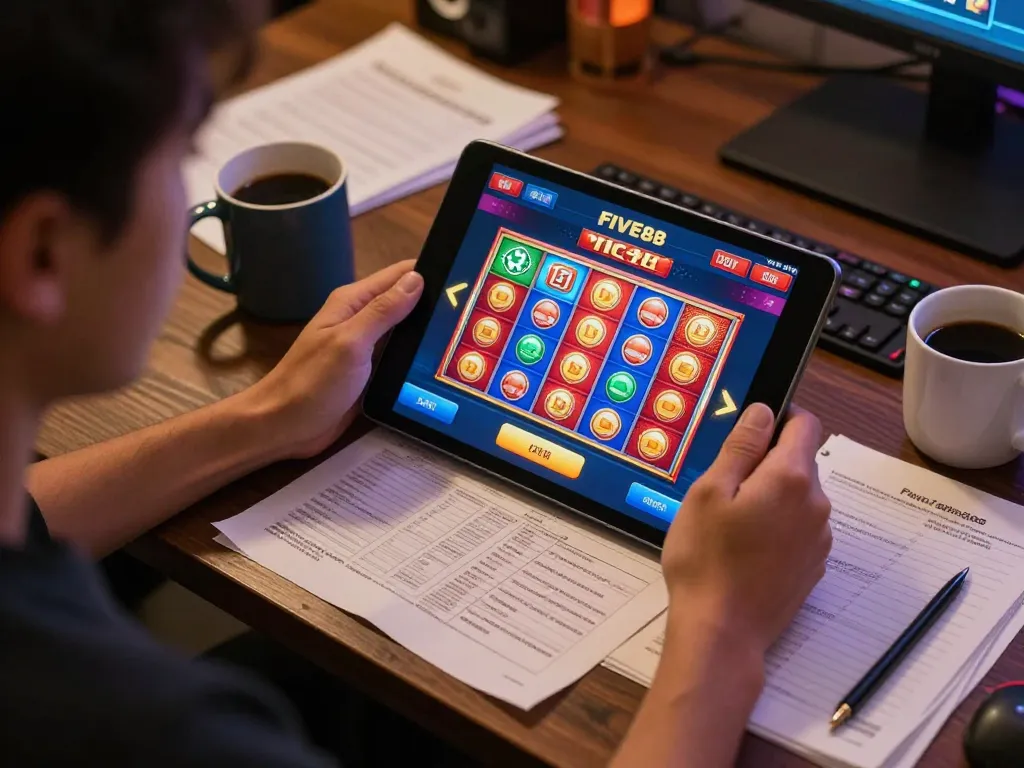 Engaged player strategizing with FIVE88 casino app on tablet, surrounded by notes and warm lighting