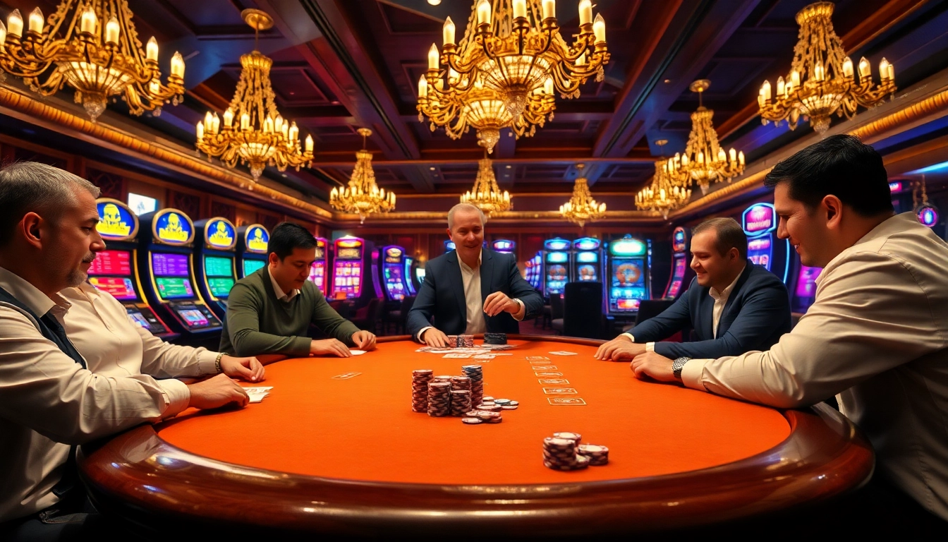 Exciting gameplay at king79 casino with poker chips, cards, and bright slot machines.