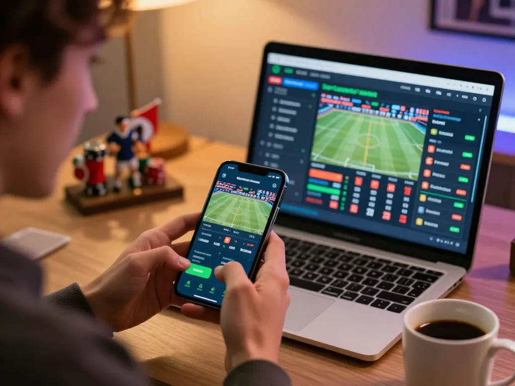 Engaging sports betting action on https://lv88.tips/ with a user placing bets on a smartphone app in a modern setting.