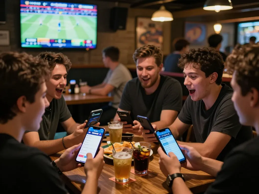 Friends placing bets on the sgwin66 app in an energetic sports bar environment.