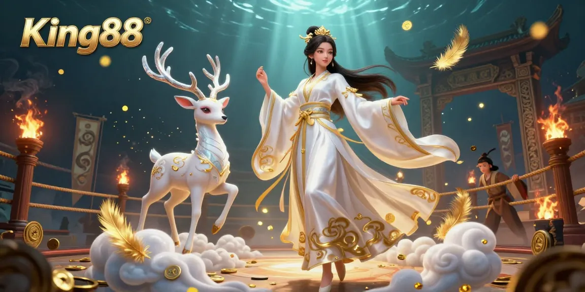 Experience thrilling gaming adventures at King88 with an enchanting 3D scene showcasing an Asian woman in hanfu and a celestial deer.