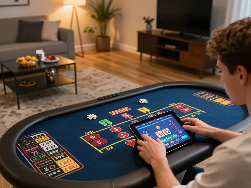 Player enjoying online gaming at home on red888 platform, showcasing poker strategy and cozy setup