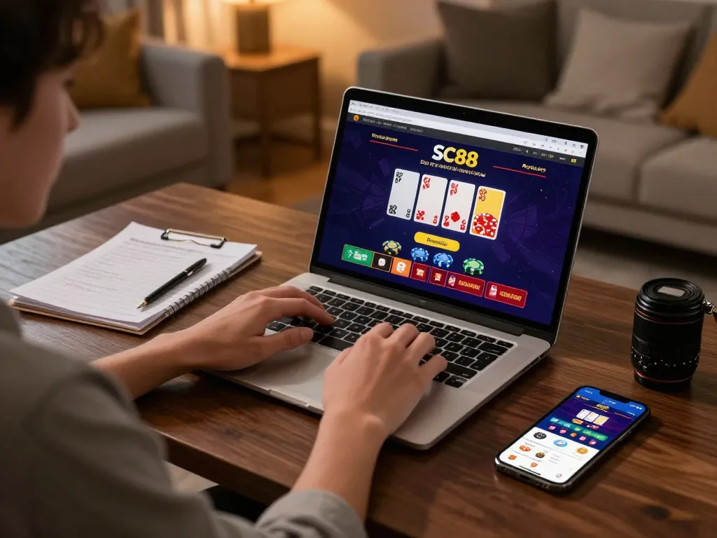Engaging online gaming session featuring SC88 on laptop, showcasing vibrant gameplay and strategic notes.