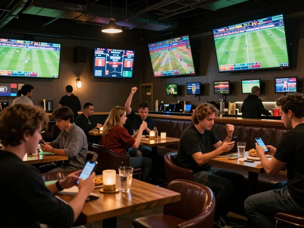 OKFUN sports betting scene with patrons placing live bets in a lively bar environment