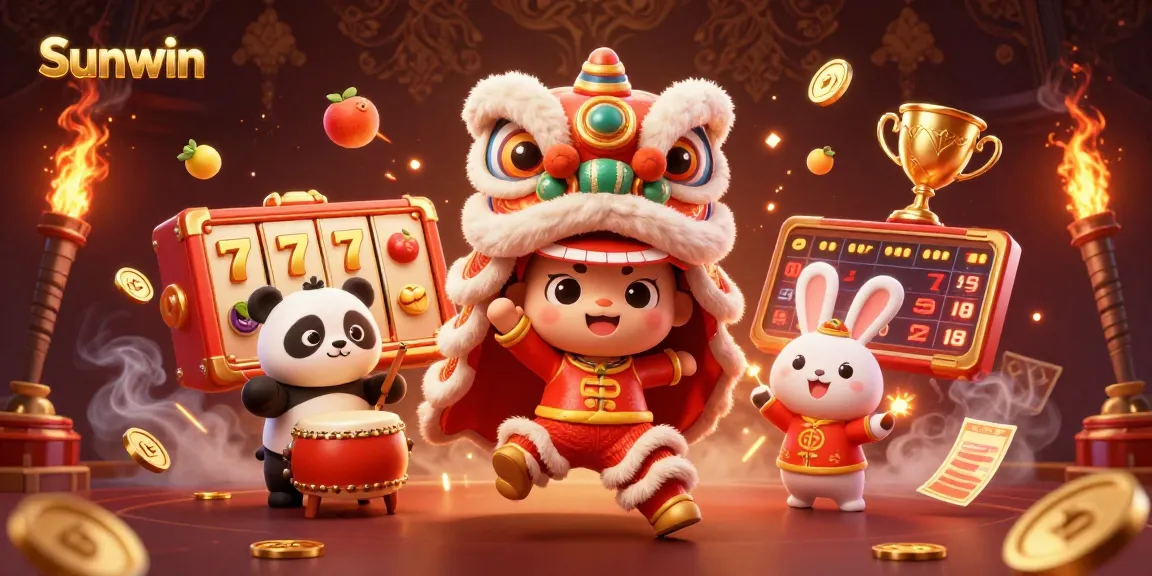Engage in thrilling slots at Sunwin, featuring an energetic lion dance and festive casino elements.