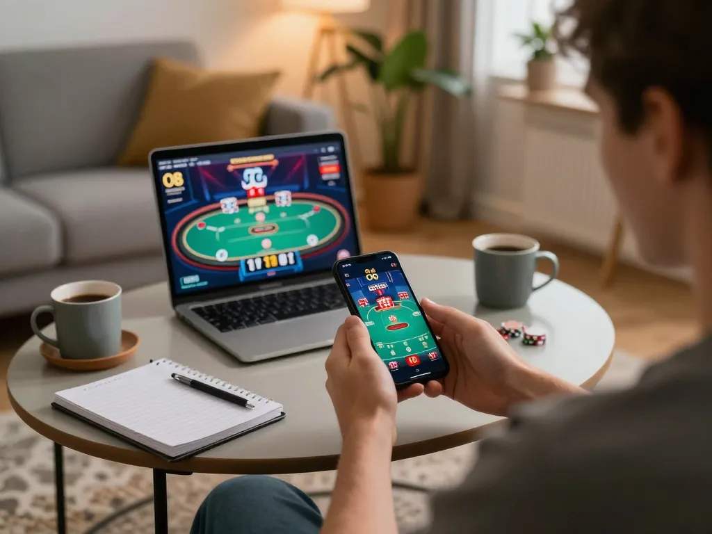 The user plays poker on O8 casino app in a cozy home setting, emphasizing strategic gaming.