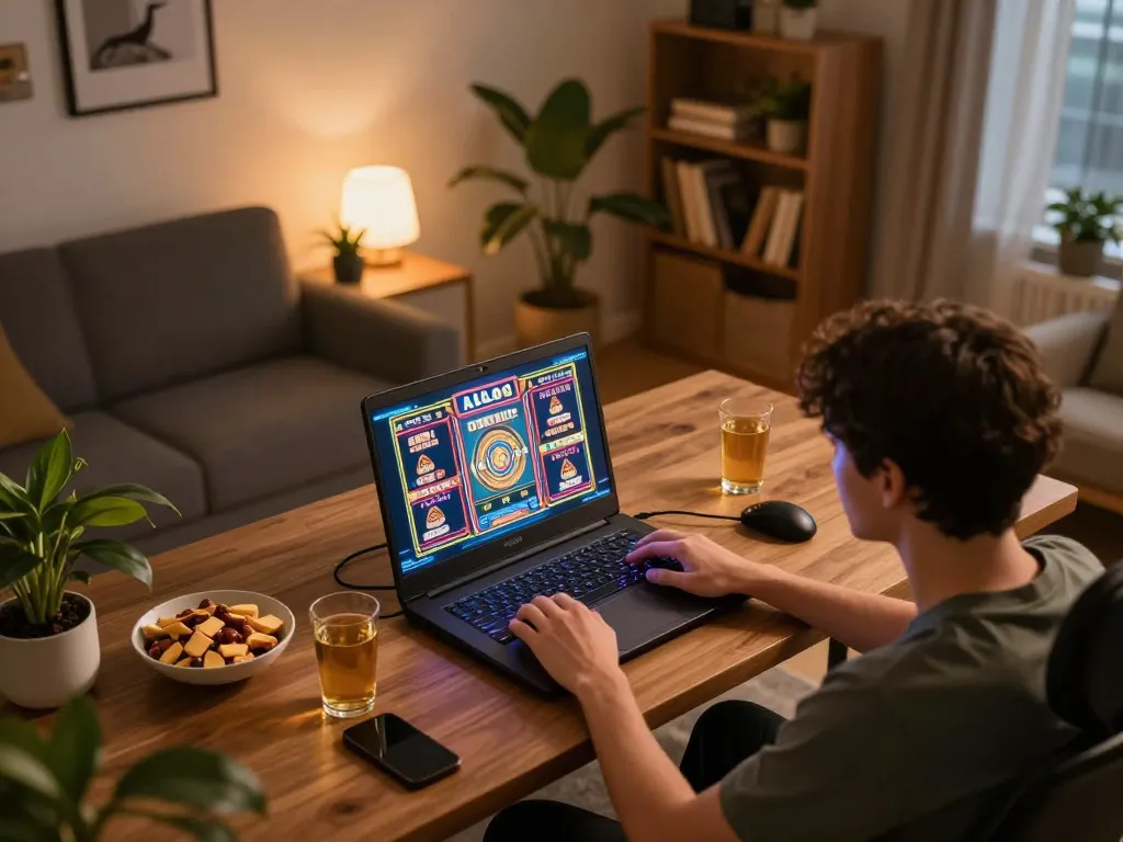 Person enjoying ALO8 online slot game on laptop with snacks and warm lighting