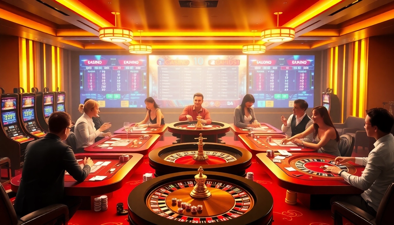 Experience the thrill of online gaming at trang chủ nohu90 with vibrant casino tables and excited players.