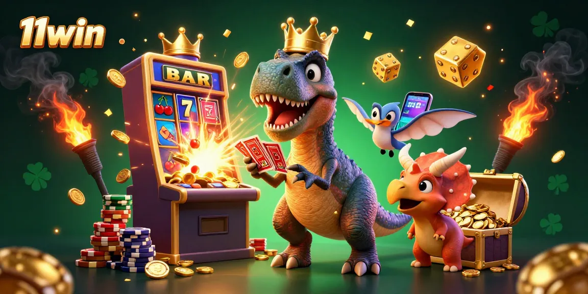 11win celebrates a vibrant jackpot scene with lively characters and dynamic casino elements.
