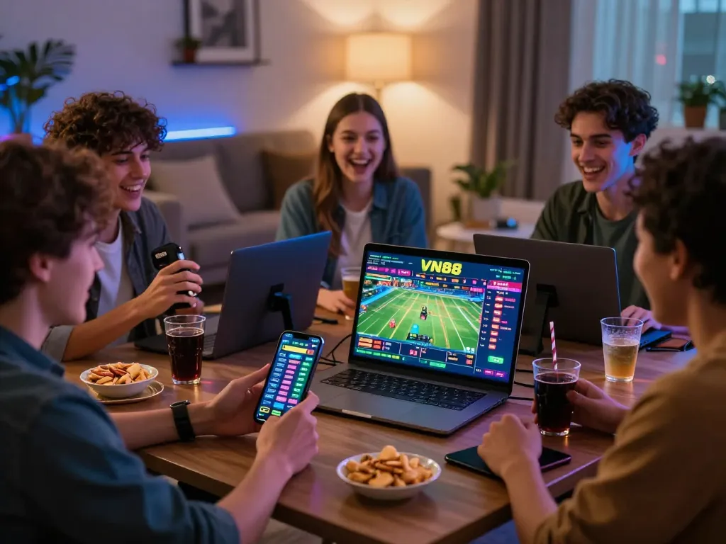 Friends engaging in thrilling VN88 online gambling with sports and casino games.